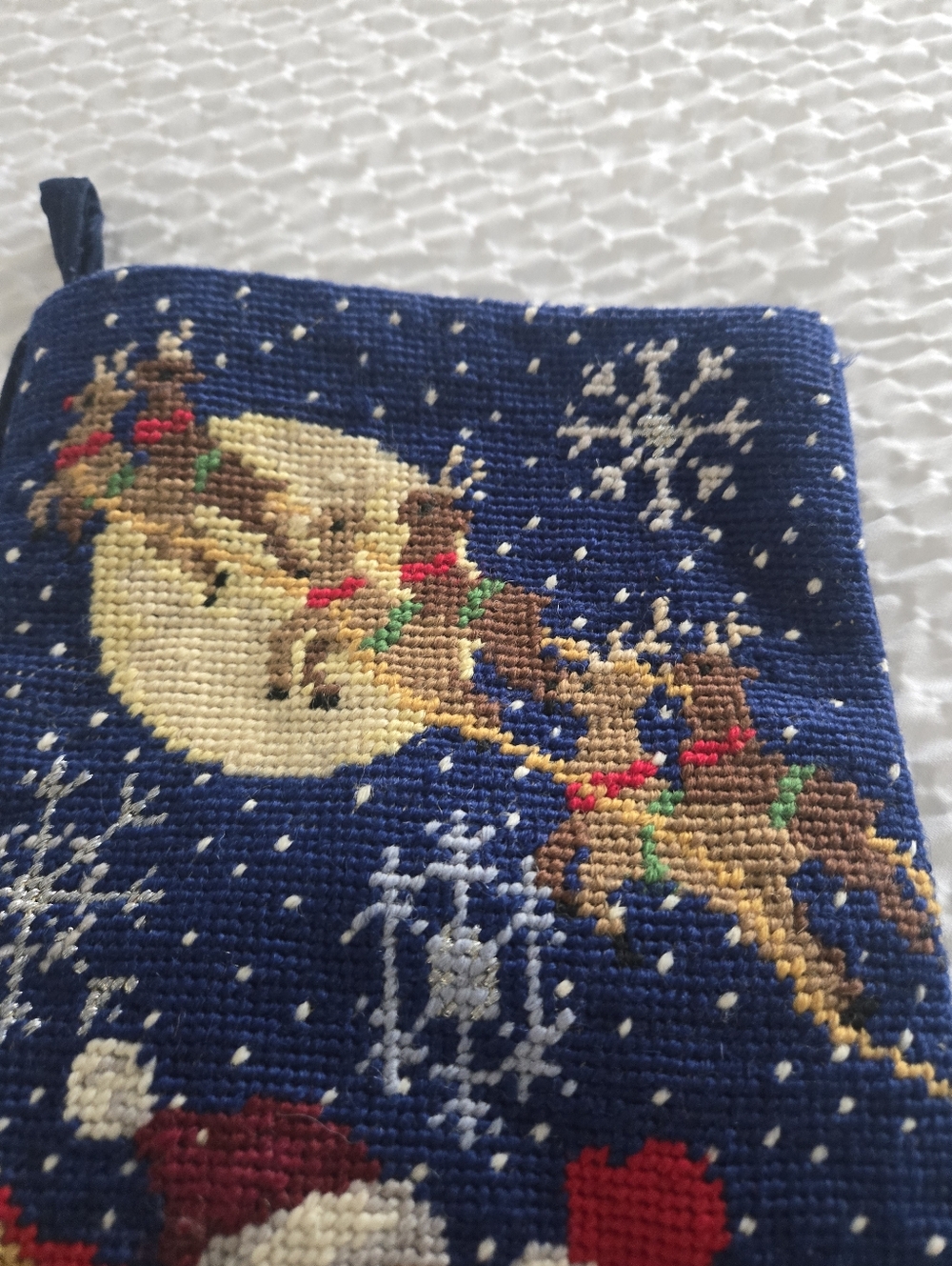 Vintage Needlepoint Christmas Stocking santa and reindeer christmas eve delivery - Picture 4 of 10